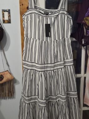 Mexx White Dress with Black Vertical Stripes